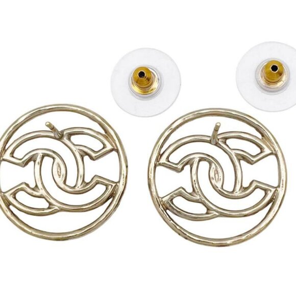 CHANEL CC Logos Circle Round Stud Earrings Gold Tone B17C Auth D-ST103 - Picture 1 of 6